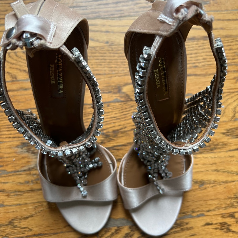 AQUAZZURA Silk Satin Crystal 105mm Open Toe Heels $1675 RT unworn Size 39
